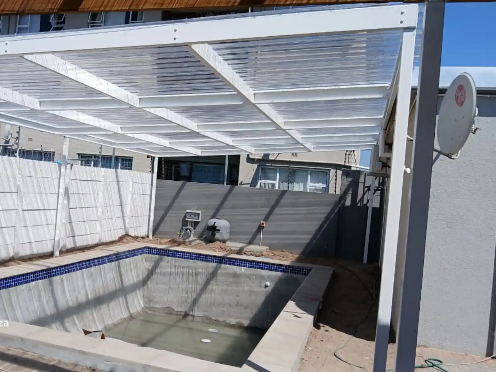 Completed steel swimming pool awning, Cape Town